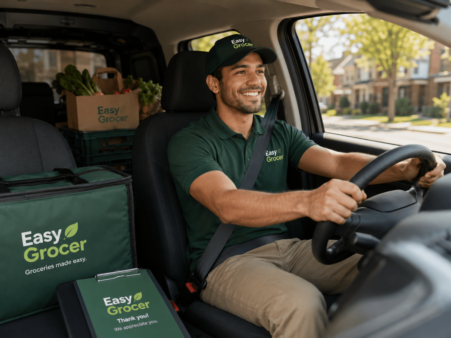 Easy Grocer driver behind the wheel with insulated grocery bags and a fresh produce box in the van